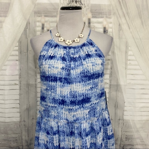 Eliza J Size 14 Blue White Tie Dye Halter Neck Sleeveless Trapeze Pockets Dress - Picture 3 of 13